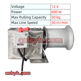 12V 600W Electric Horizontal Marine Capstan Winch - Rope & Anchor Hauler, 50kg Capacity, 30m/min, 304 Stainless Steel Drum