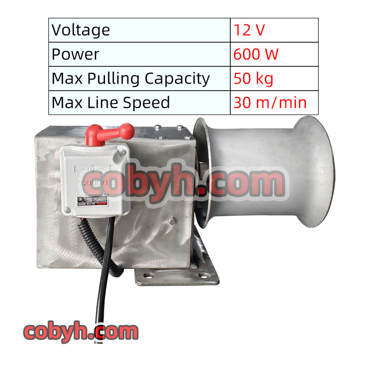 12V 600W Electric Horizontal Marine Capstan Winch - Rope & Anchor Hauler, 50kg Capacity, 30m/min, 304 Stainless Steel Drum